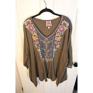 Johnny Was Los Angeles Olive Green Embroidered Cotton Tunic Top J13019-7X 3X